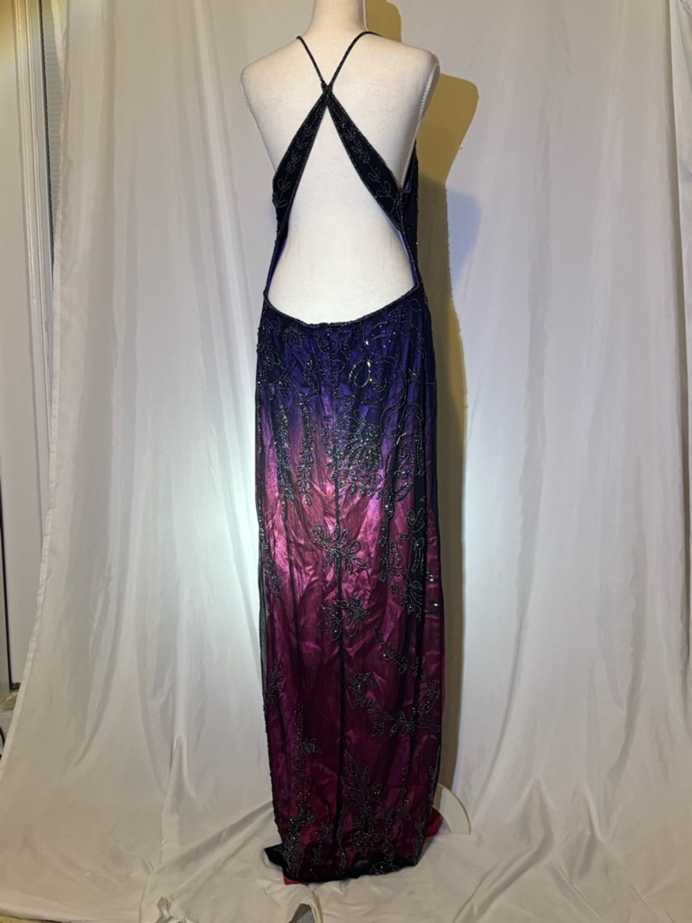 Blush Ombre Beaded Open-Back Evening Gown in Purple and Pink